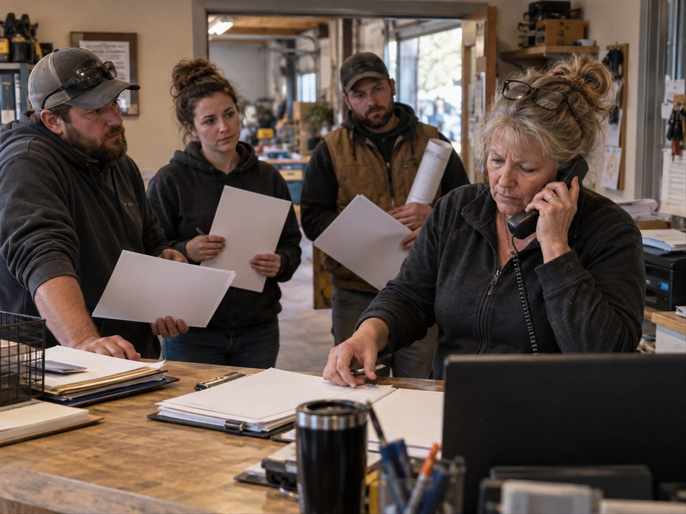 An owner on the phone while three members of staff wait beside her, each holding something that needs her answer.