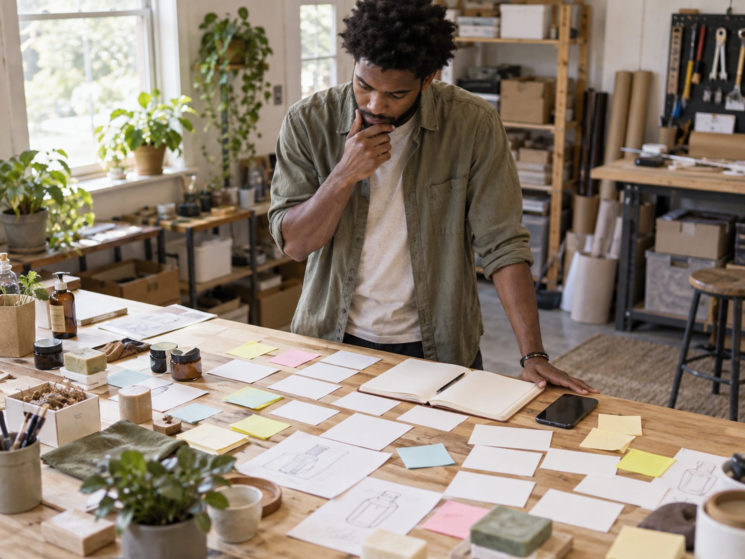 A founder at a workbench with blank cards spread out in front of him, working out which idea to try first.