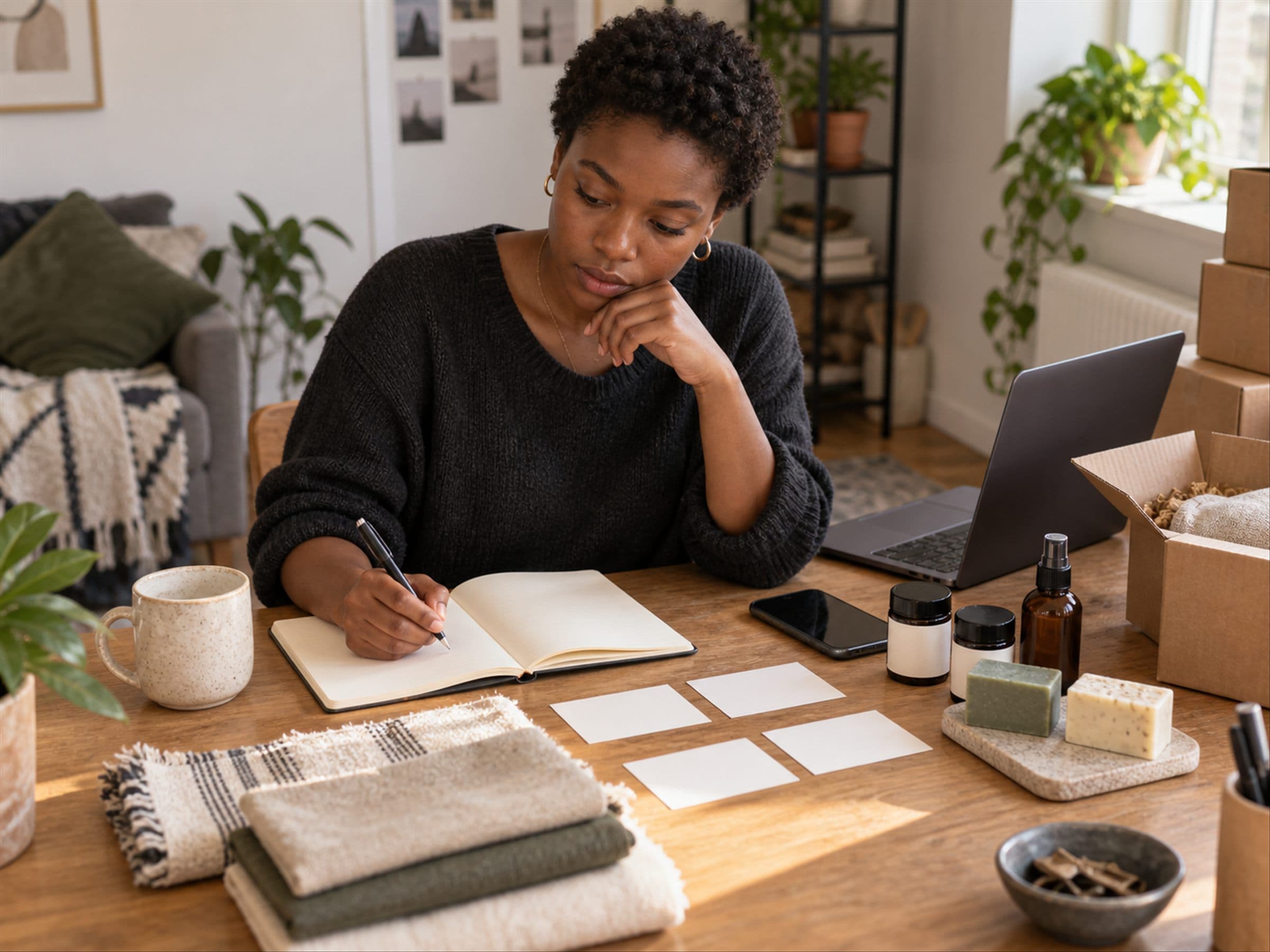 A founder at a kitchen table with product samples, a notebook and blank cards, working out a first offer.