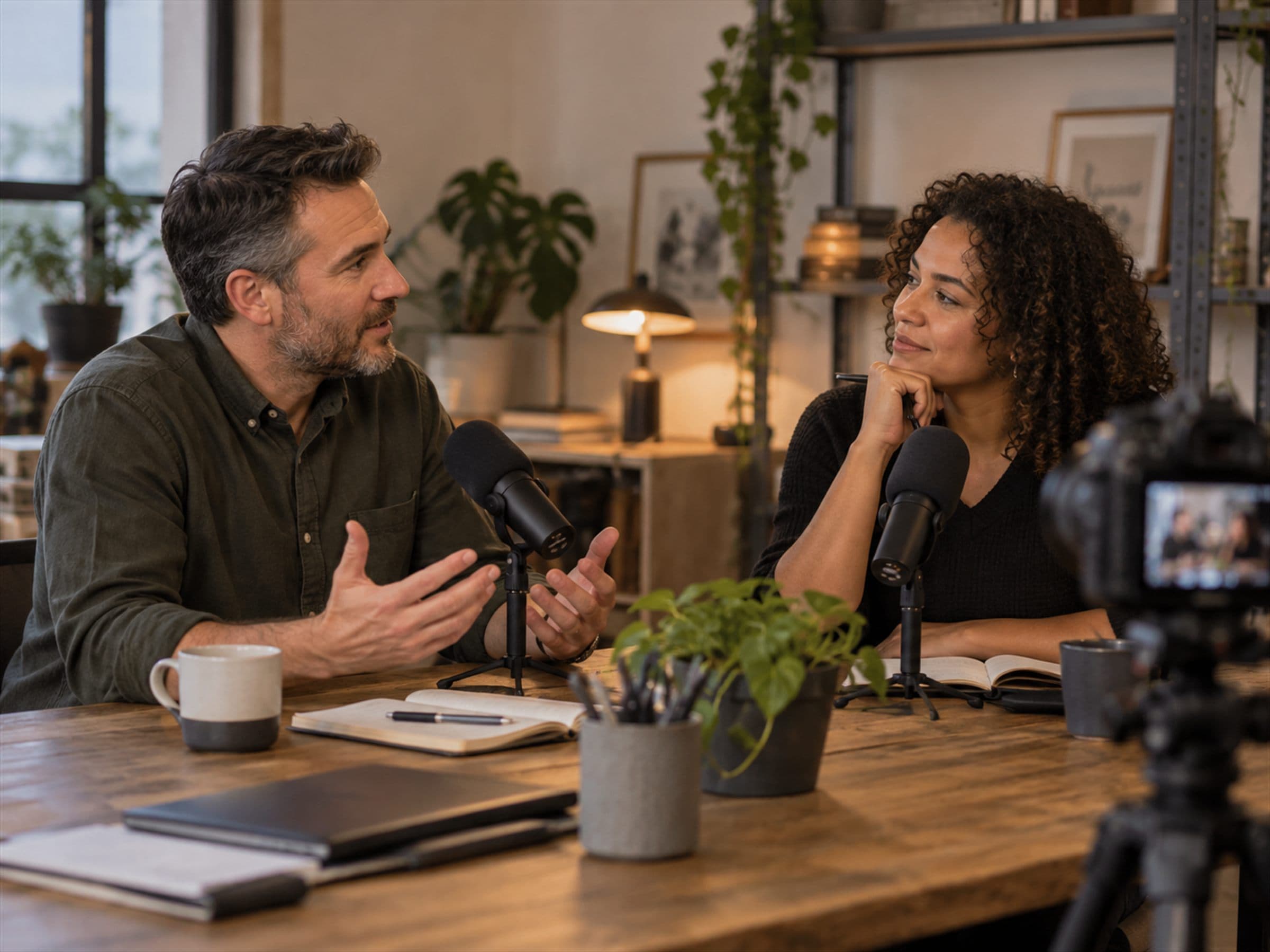 Two people mid-conversation across a table, with microphones and a camera set up between them.